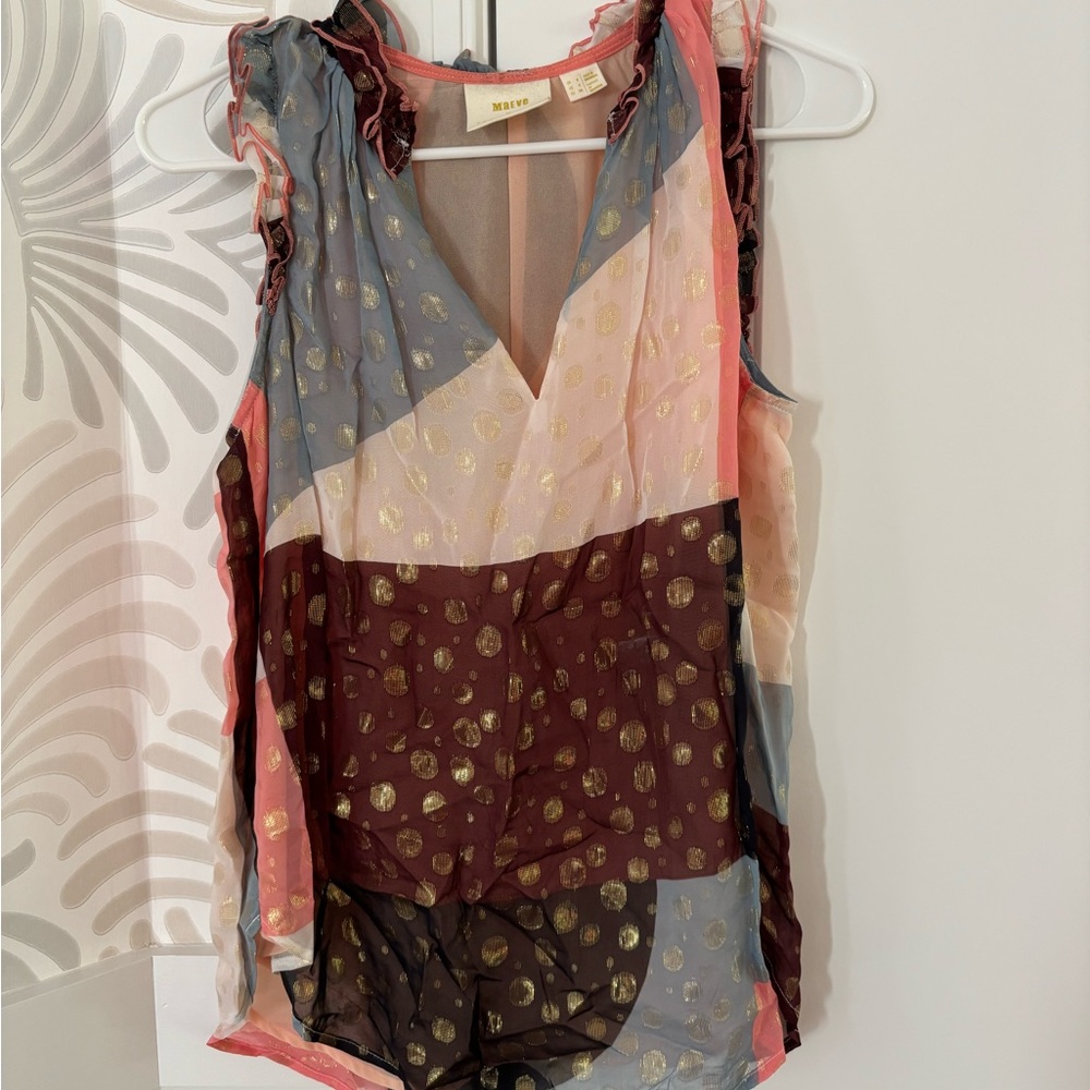 Maeve Multicolor Patchwork Blouse with Gold Accents
